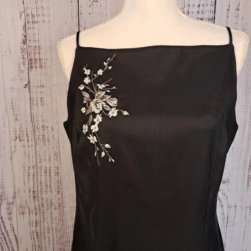 Y2K Vintage 90s CDC 12 Black Satin Slip Dress Spaghetti Strap‎ Embroidery Formal